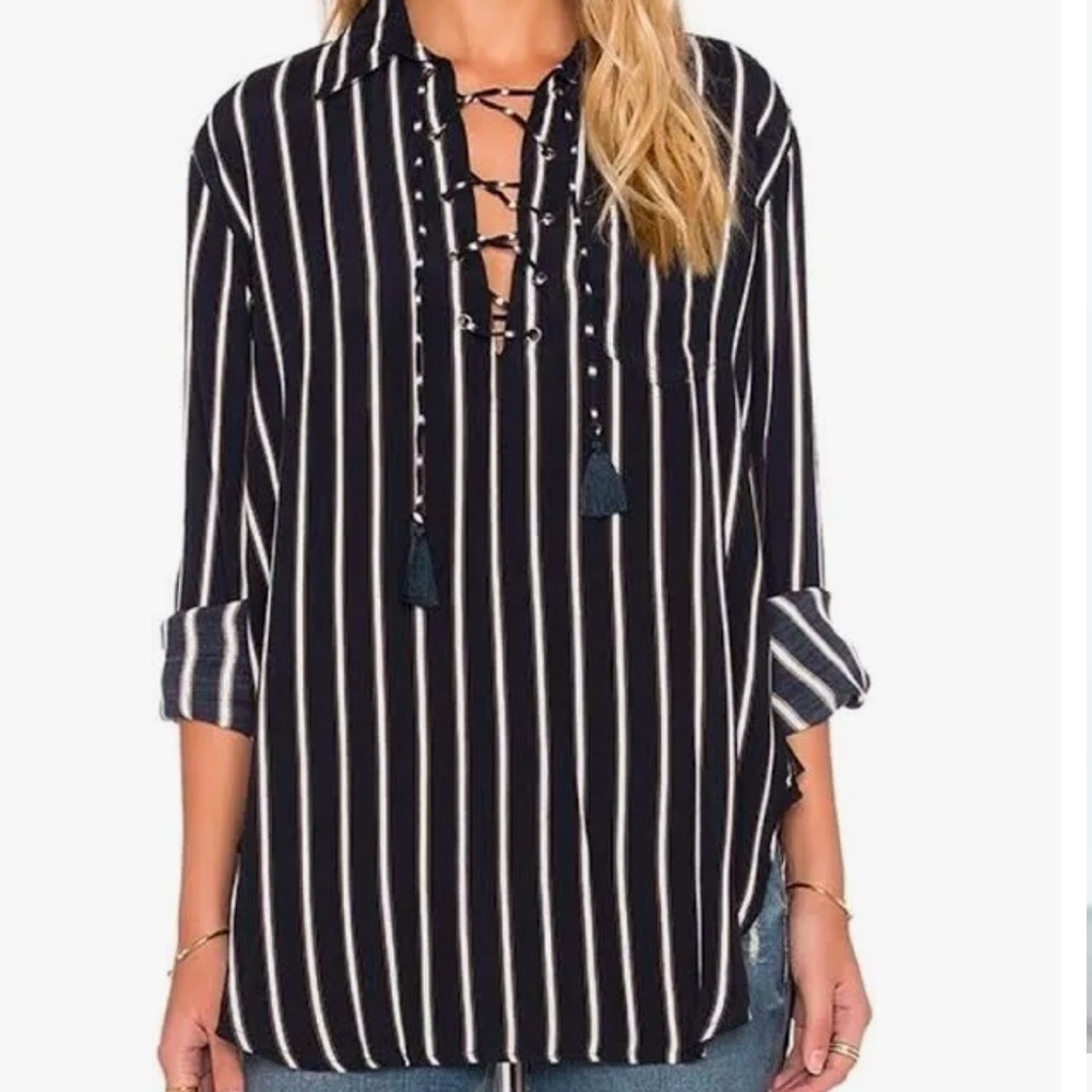 FAITHFUL THE BRAND STEVEY TIBERY STRIPE NAVY TUNIC SHIRT SMALL